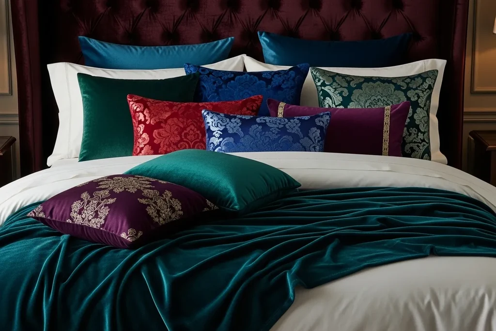 Velvet and patterned cushions in deep tones arranged on a bed.