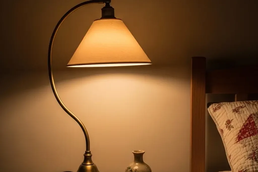 Bedside lamp with a warm glow on a nightstand in a dim bedroom.