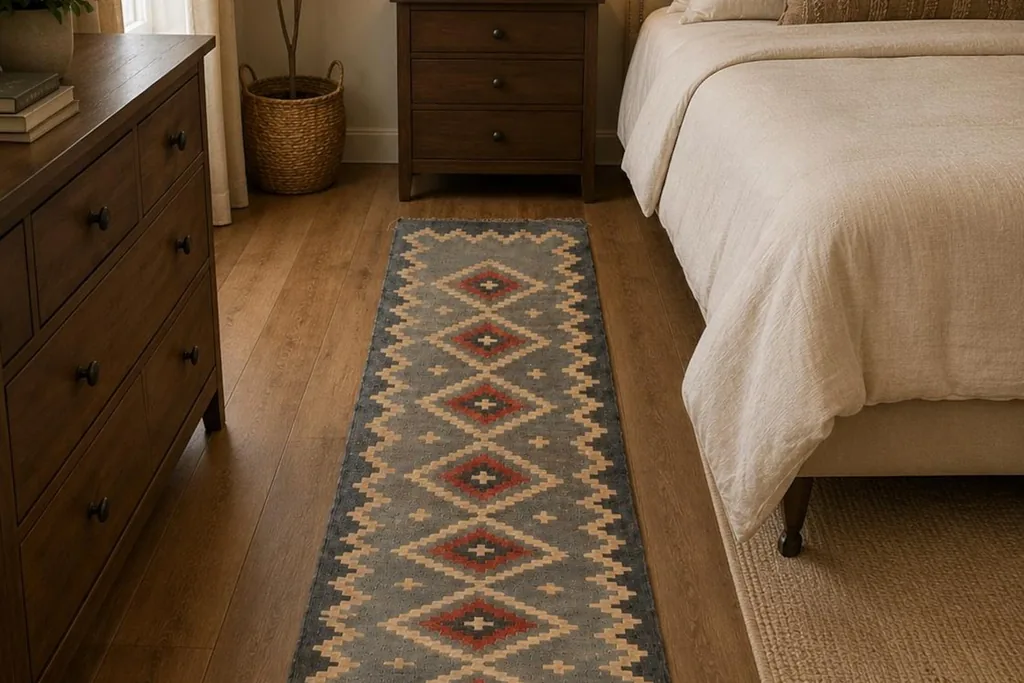 Long patterned runner rug beside a bed in a warm toned bedroom.