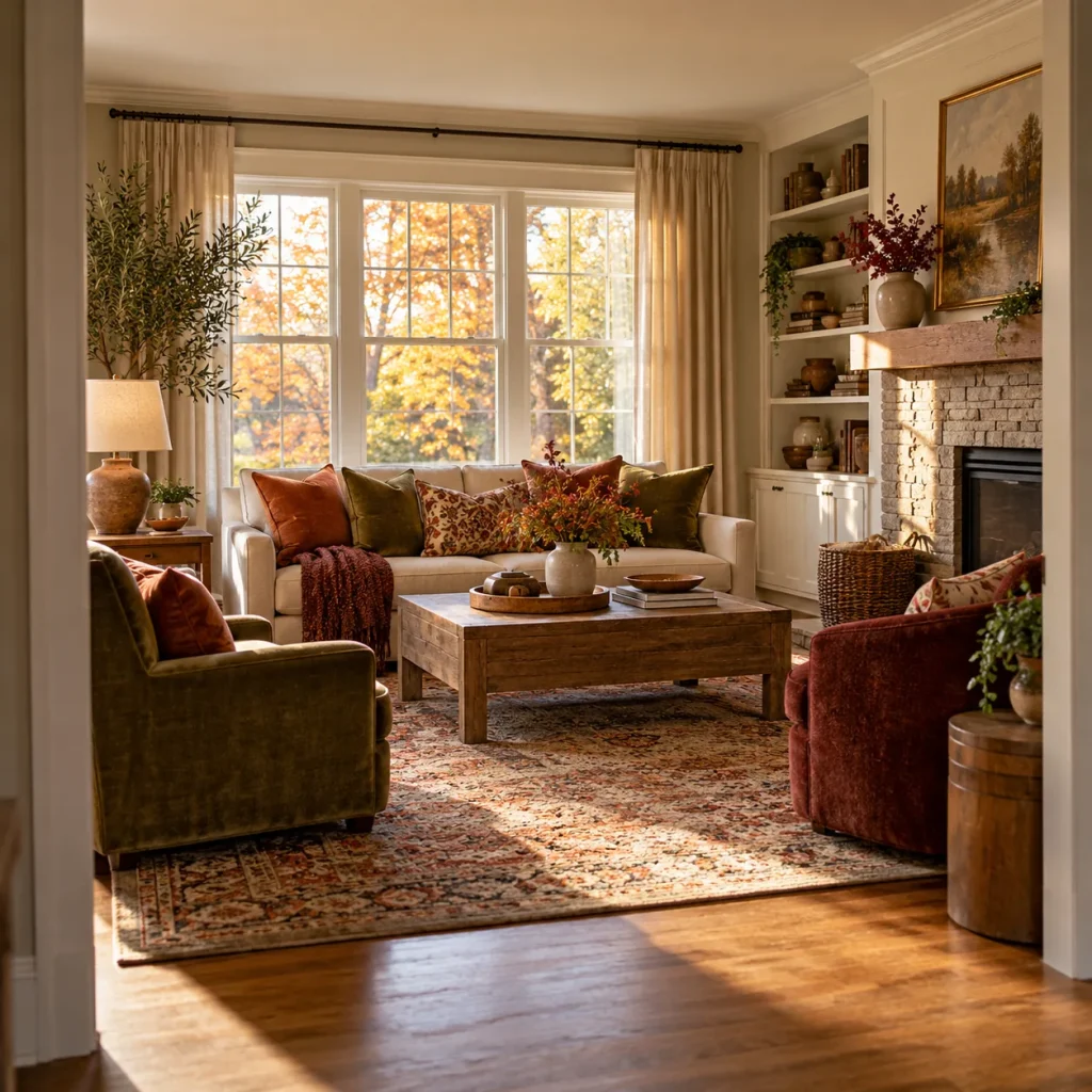 A furnished living room with a clear route around the seating.