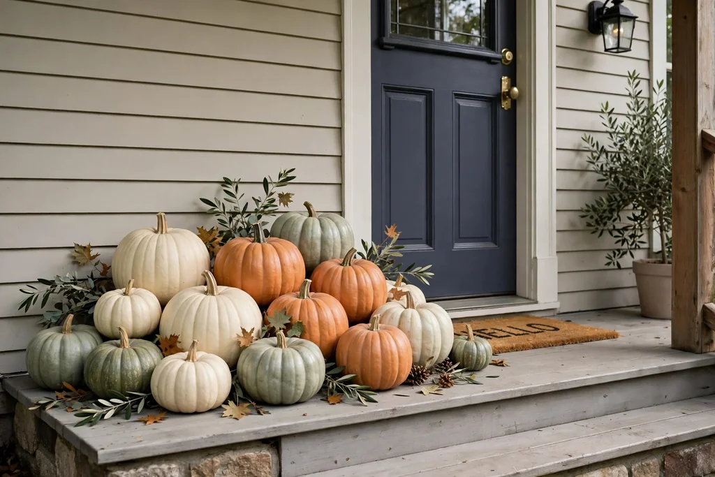 Pumpkins in cream, muted orange, and pale green grouped on porch steps beside a front door.