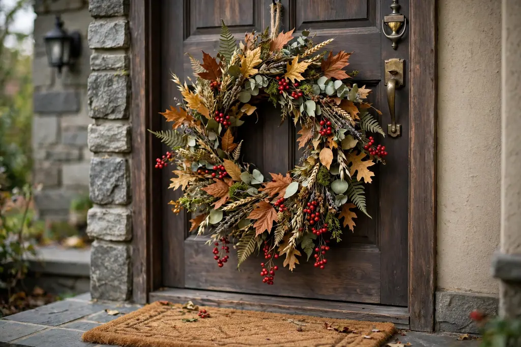 Dried leaf wreath in rust, gold, and green with berries hanging on a front door.