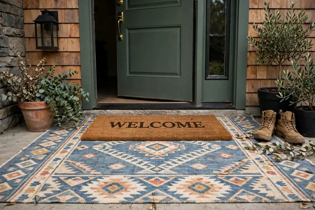 Patterned outdoor rug layered under a coir doormat at a front door entry.