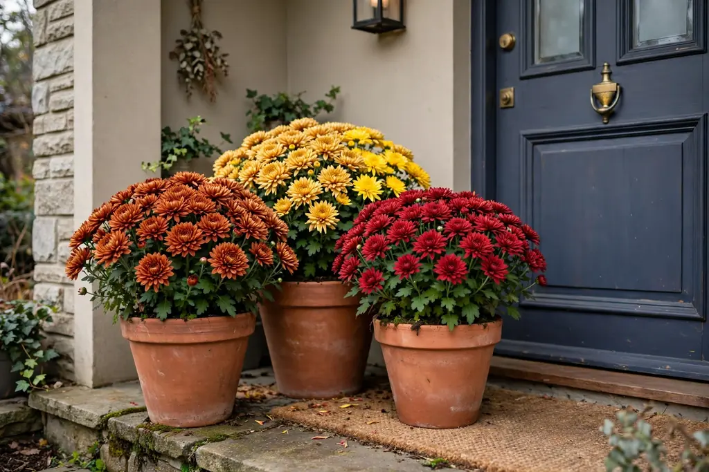 Terracotta pots of rust, gold, and red chrysanthemums grouped beside a front door.