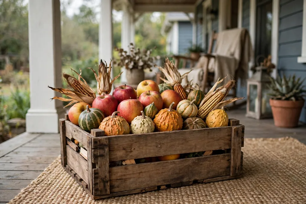 Wooden crate filled with apples, small gourds, and dried corn on a covered porch.