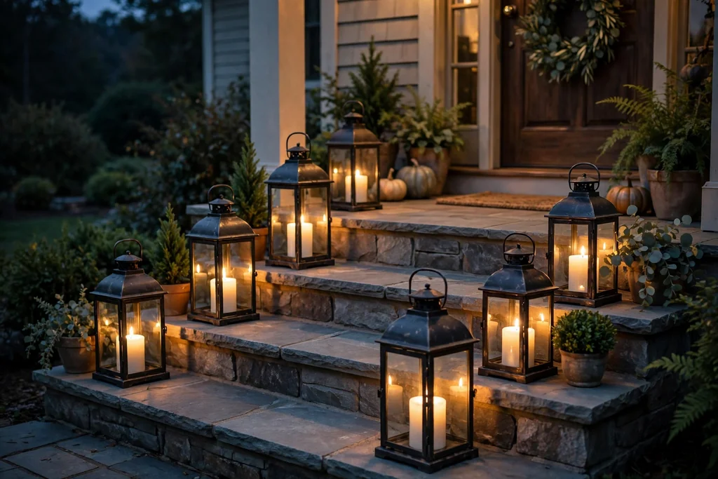 Metal lanterns with pillar candles lined along porch steps in the evening.