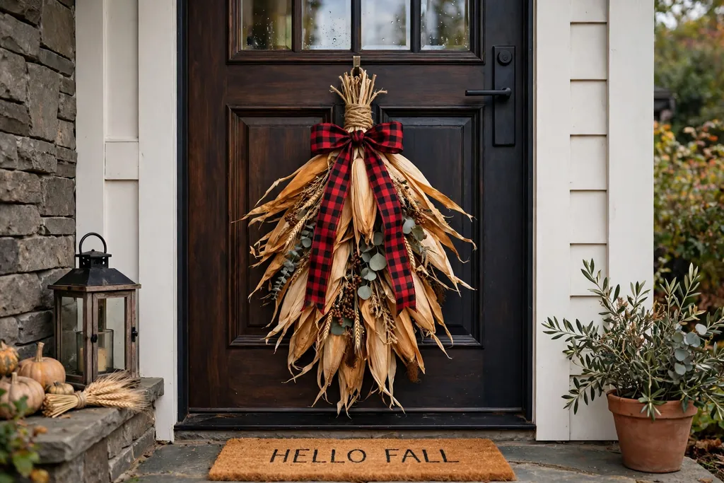 Corn husk swag tied with twine and plaid ribbon hanging on a front door.