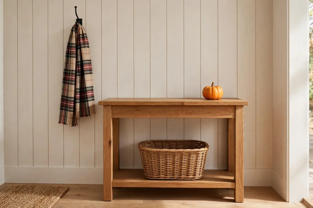 Entry console with a woven basket below, a plaid scarf on a hook, and a small pumpkin on top.