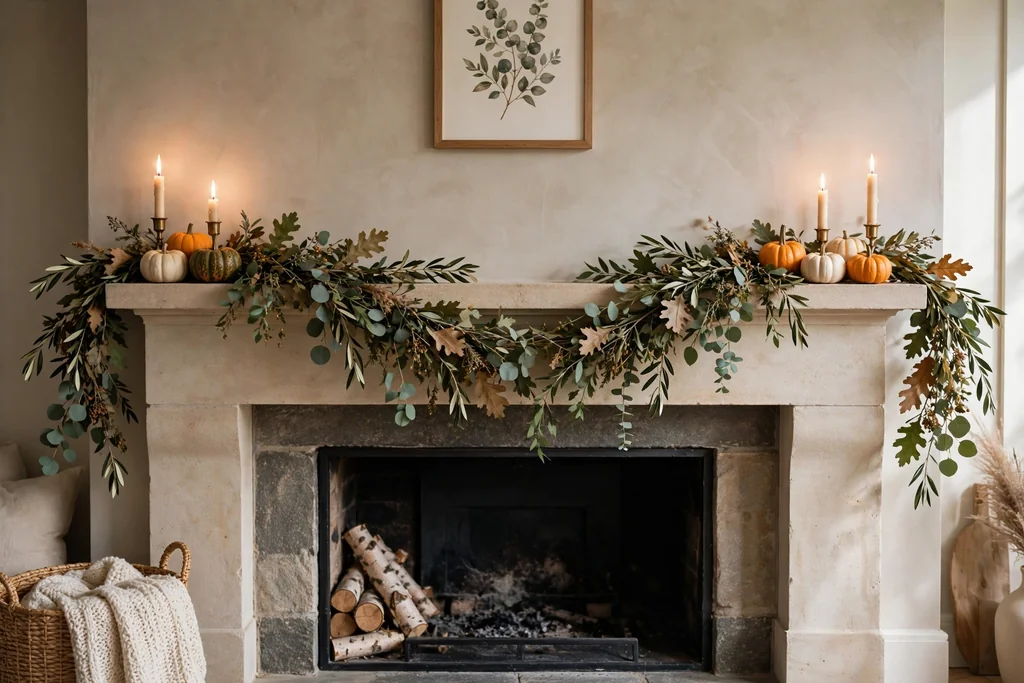 Leaf garland draped along a fireplace mantel with small pumpkins and candles at each end.