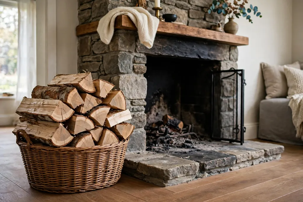 Basket of stacked split firewood beside a fireplace hearth.