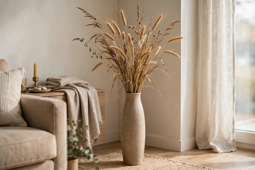 Tall floor vase holding dried wheat and grass stems in a living room corner.