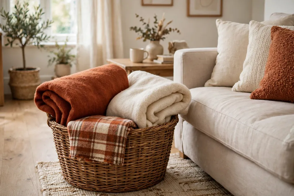 Woven basket of folded rust, cream, and plaid throws beside a sofa.