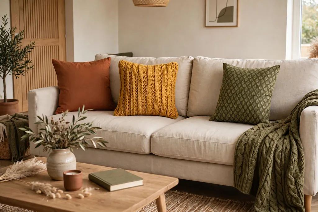 Sofa with cushion covers in rust, mustard, and olive, plain, knit, and patterned.