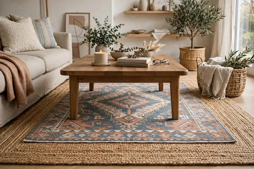 Patterned rug layered over a natural fiber jute rug under a coffee table in a living room.