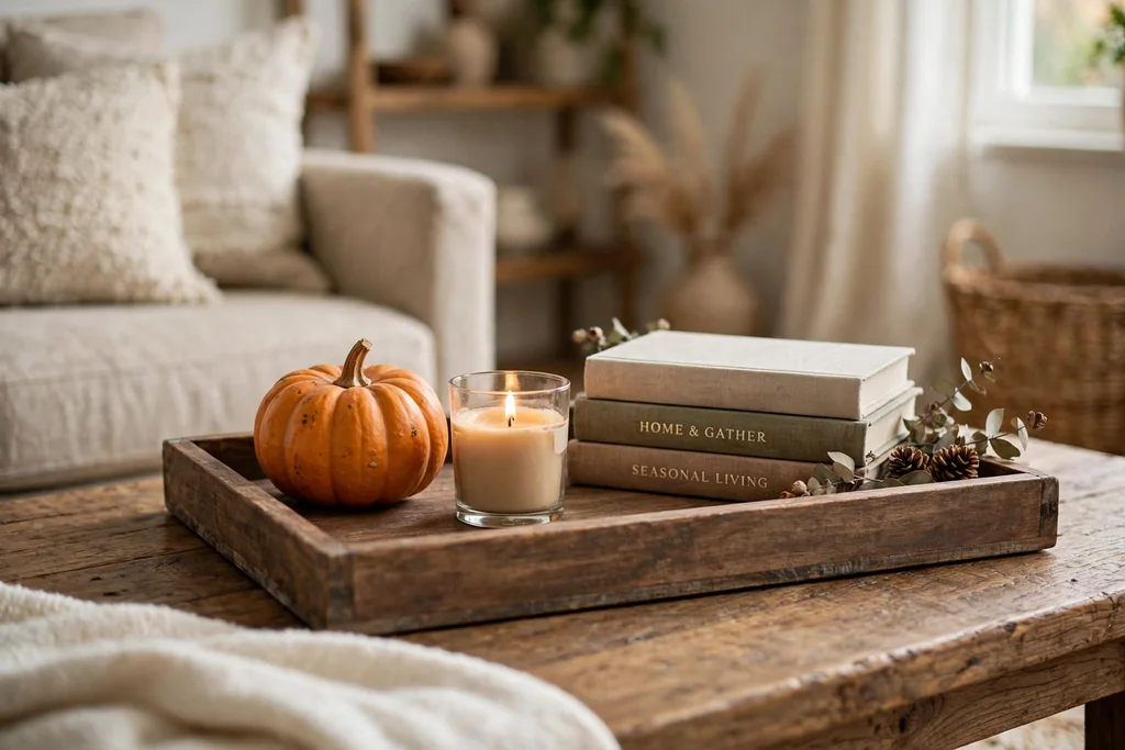 Wood tray on a coffee table with a small pumpkin, a candle, and a stack of books.