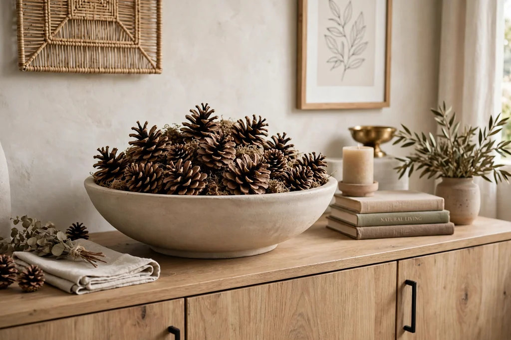 Wide shallow bowl filled with pinecones on a sideboard.
