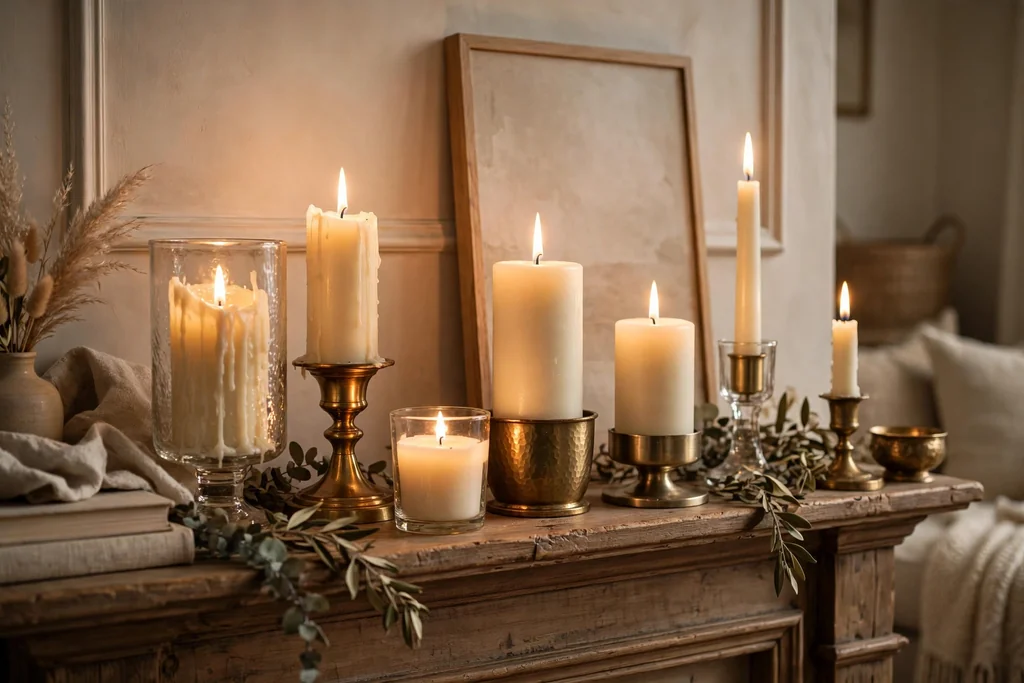 Group of cream candles at different heights in glass and metal holders on a mantel.