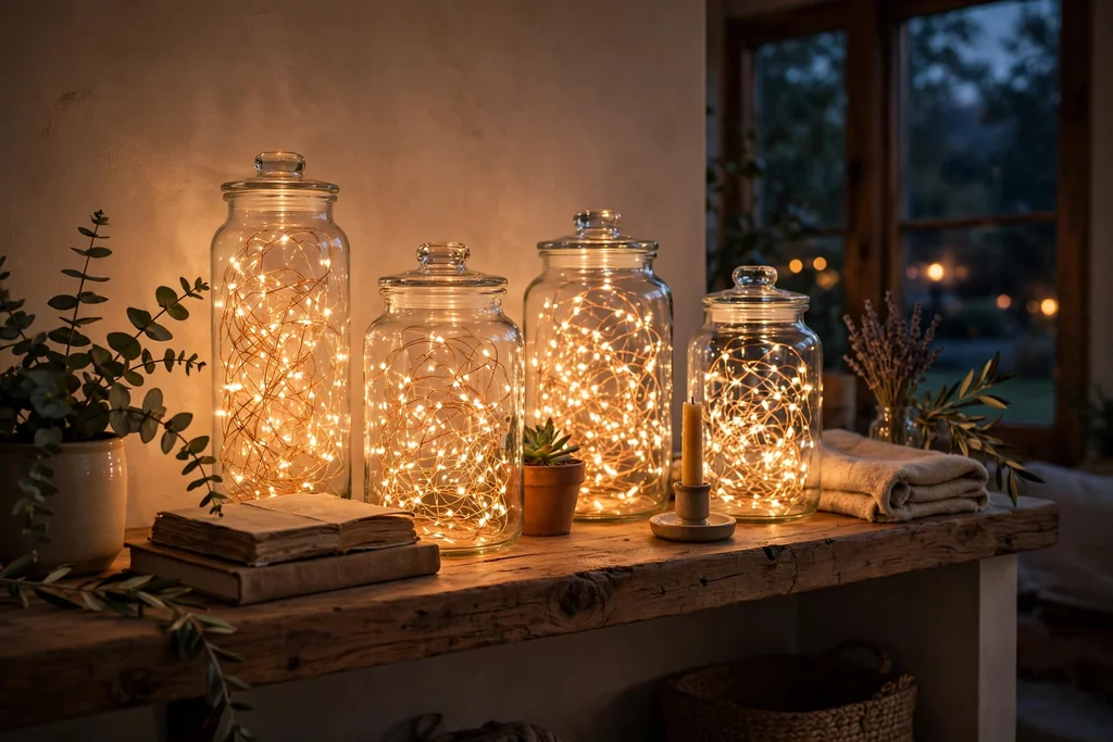 Clear glass jars with warm fairy lights glowing on a shelf in the evening.