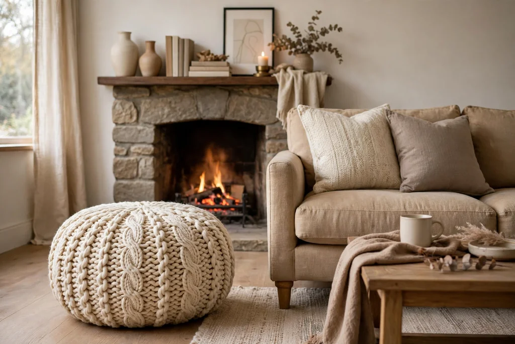 Chunky knit pouf in cream beside a sofa in front of a fireplace.