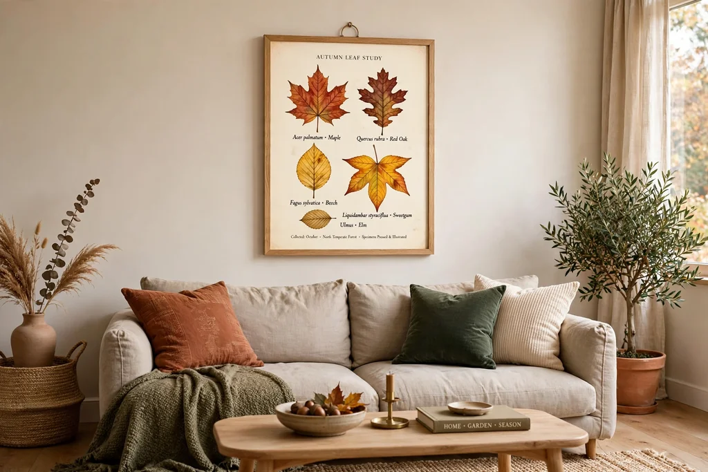 Framed autumn leaf study print hanging on a living room wall above a sofa.