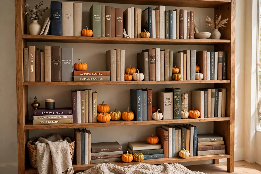 Bookshelf with mini pumpkins placed between rows of books.