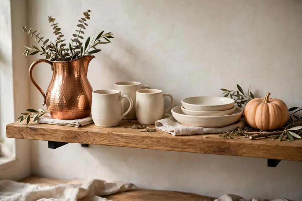 Open shelf with a copper pitcher and mugs beside cream dishes and a small pumpkin.