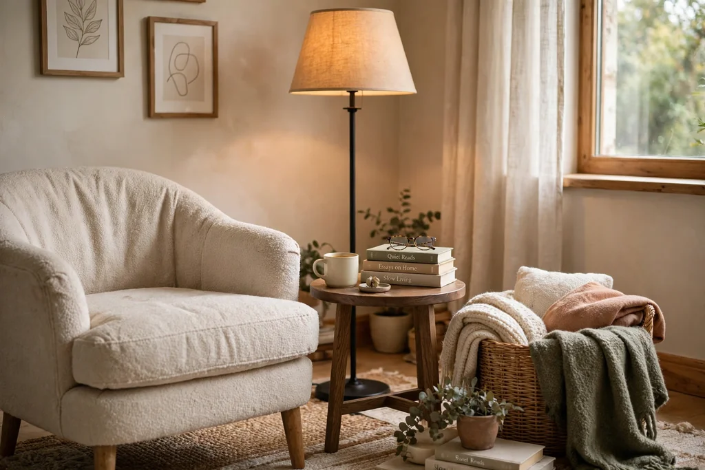 Reading corner with an armchair, a floor lamp, a side table, and a basket of throws.