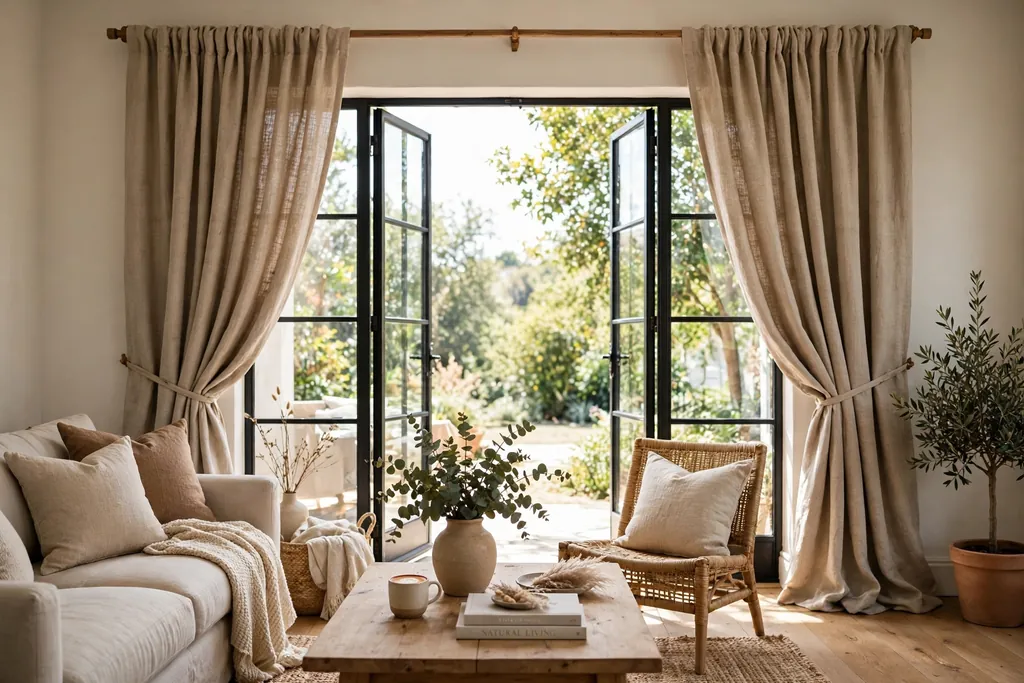 Living room window with heavier curtains in warm neutral linen, open in daylight.