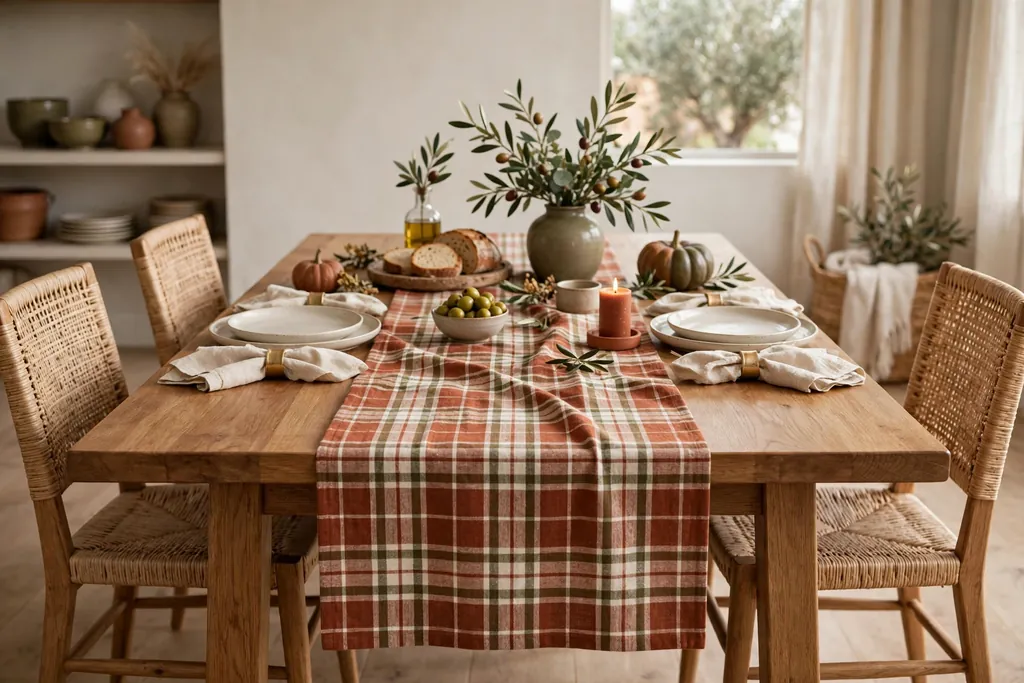 Dining table with a plaid runner in rust, cream, and olive down the center.