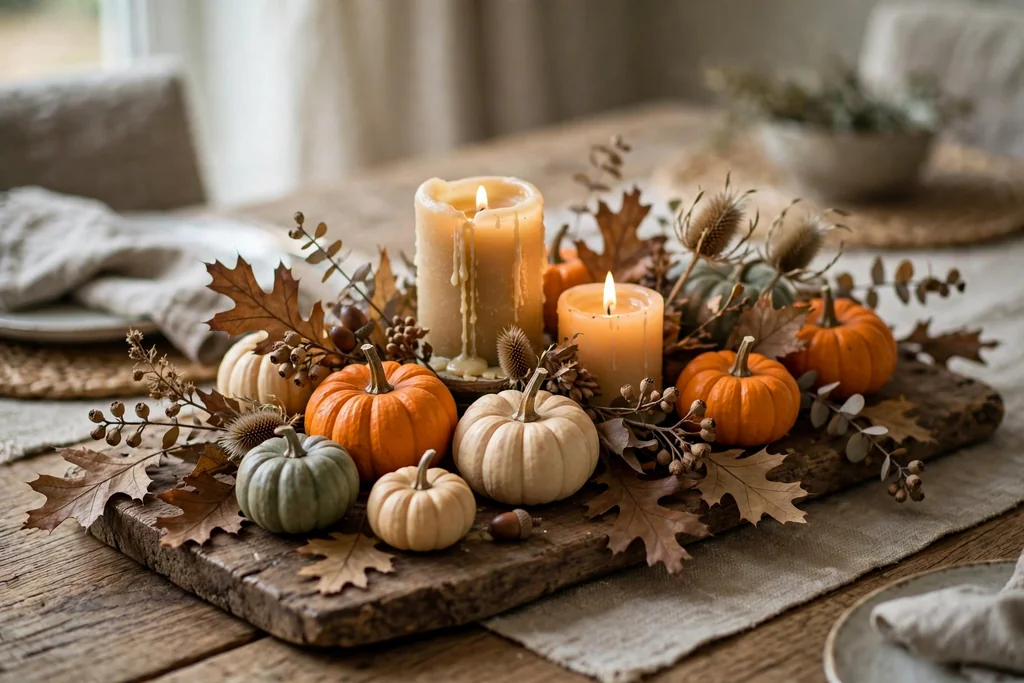 Low dining centerpiece of small pumpkins, dried leaves, and candles on a wood board.