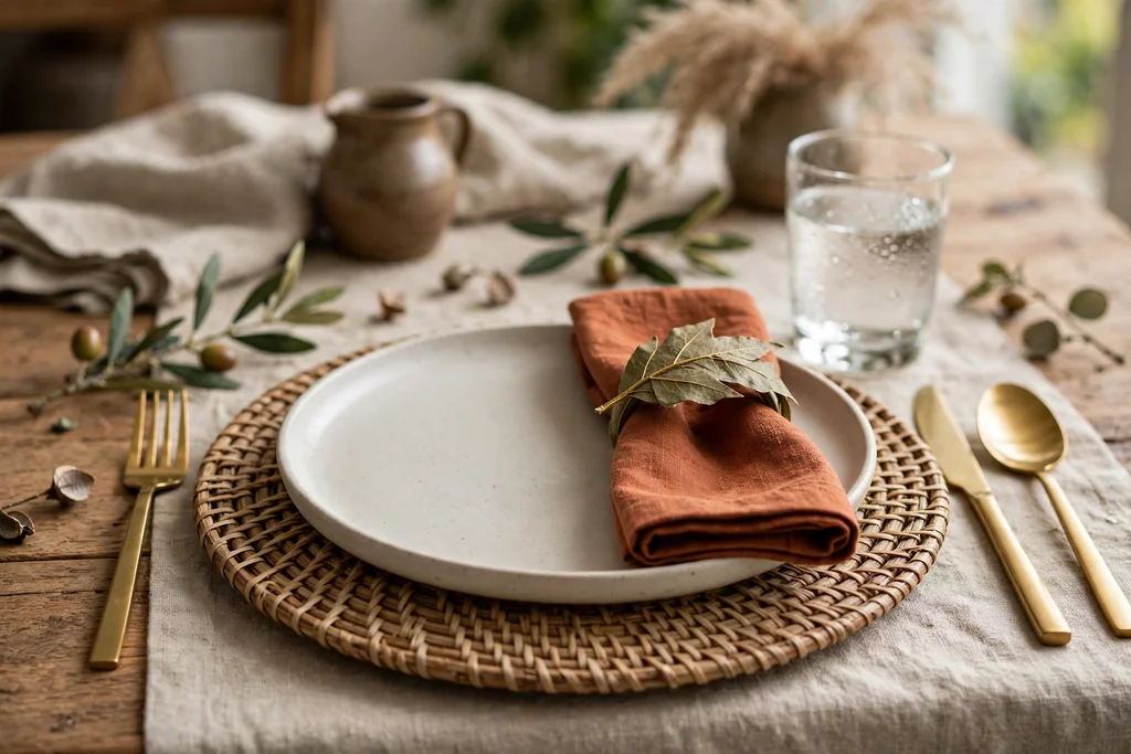 Dining place setting with a woven charger, rust cloth napkin, and leaf napkin ring.