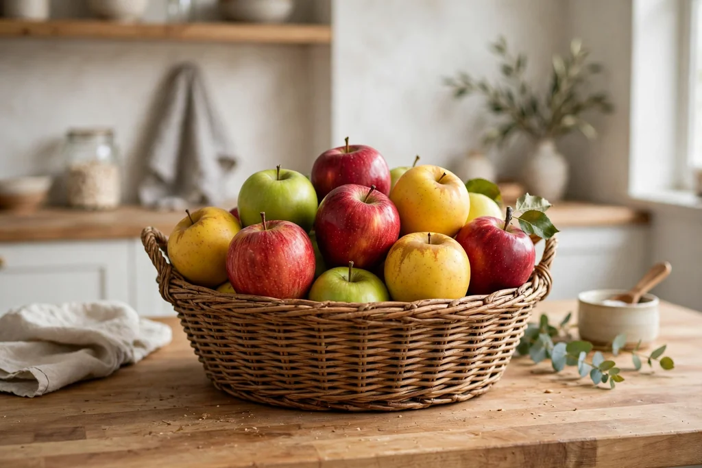 Woven basket of red, green, and gold apples on a kitchen counter.