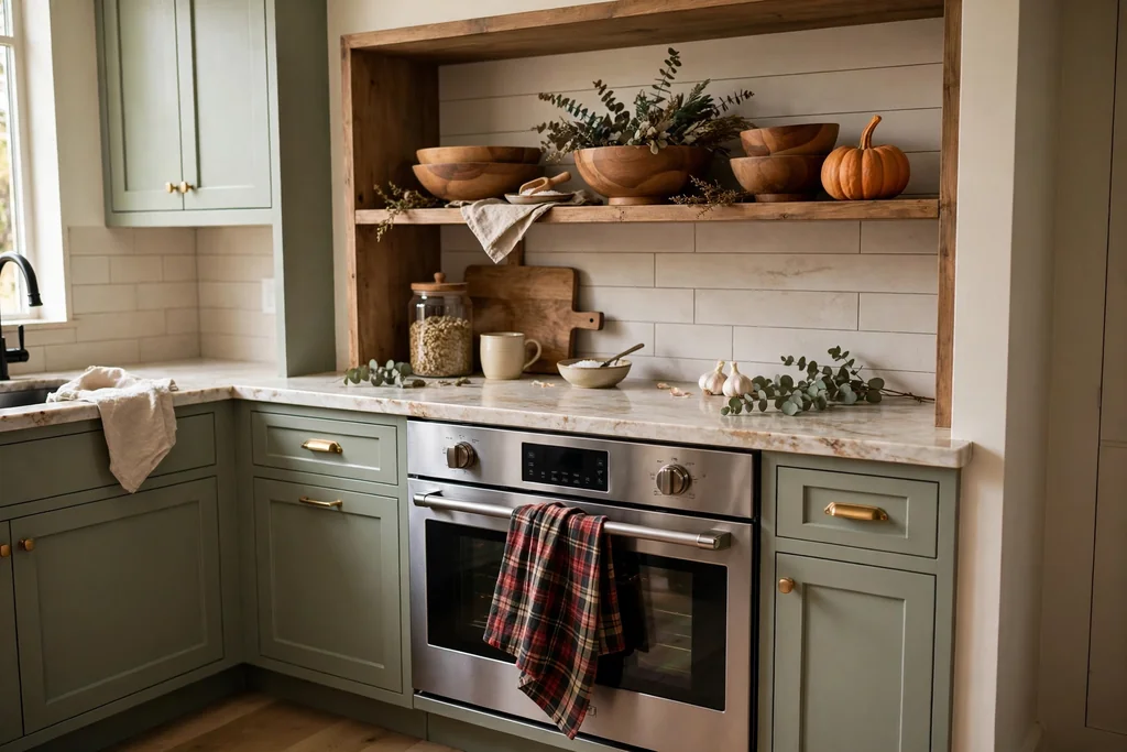 Kitchen with plaid towels on the oven handle and an open shelf styled with wooden bowls and a small pumpkin.