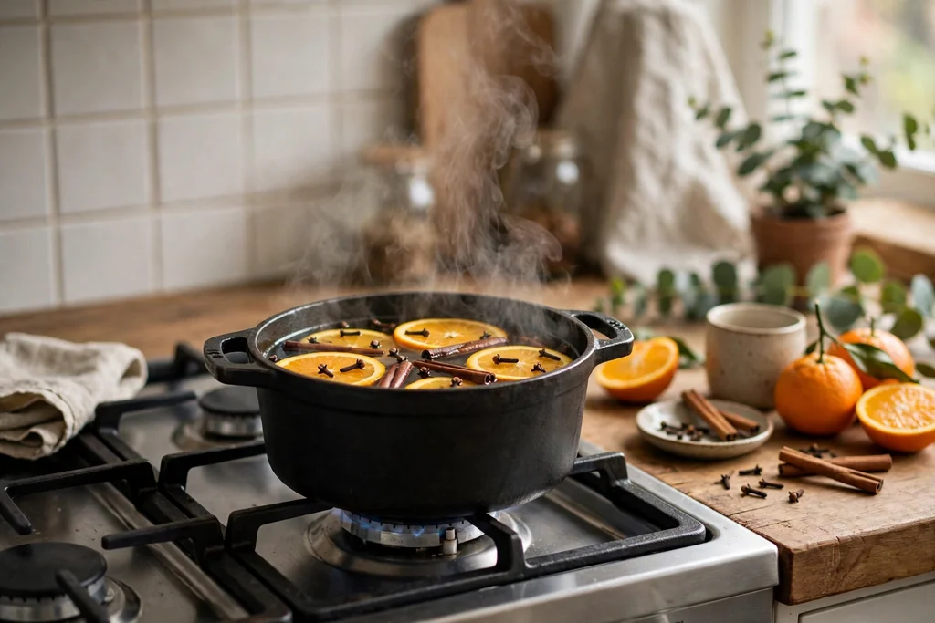 Small pot on a stove simmering with cinnamon sticks, orange slices, and cloves, with steam rising.
