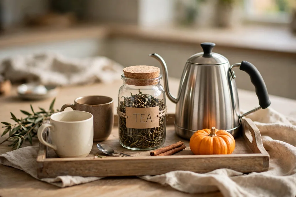 Small hot drink station tray with mugs, a jar of tea, a kettle, and a tiny pumpkin.