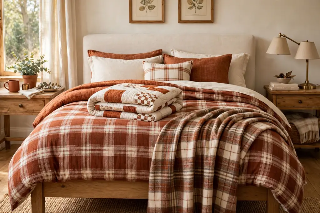 Bedroom bed with flannel bedding in rust and cream, a folded quilt, and a plaid throw at the foot.