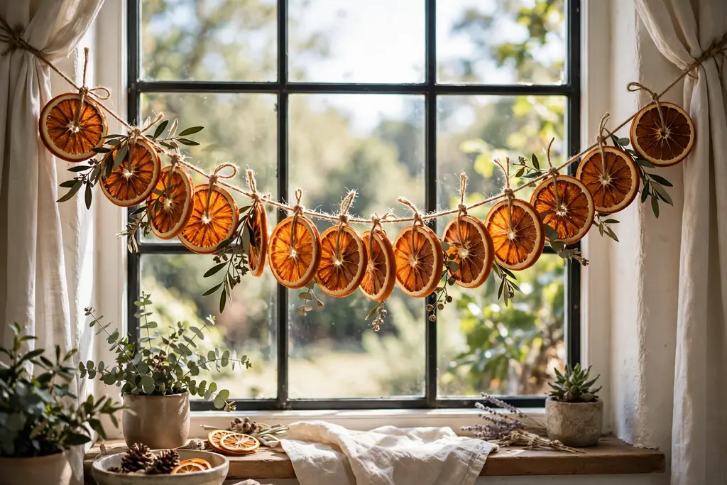 Garland of dried orange slices on twine hanging across a bright window.