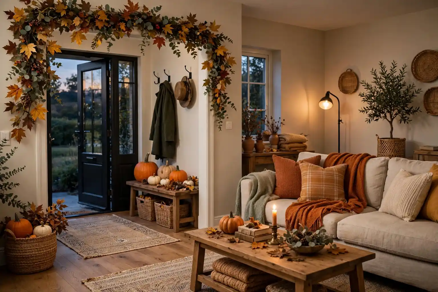 Wide view of a fall decorated living room and entry with pumpkins, a leaf garland, warm throws, and soft evening light.