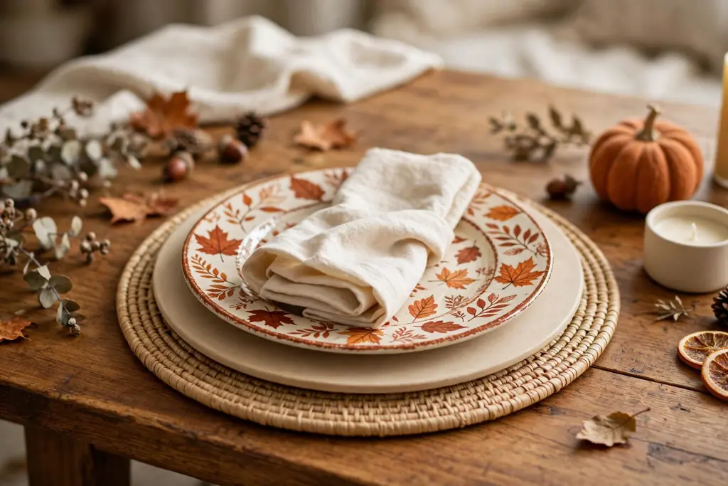 Dining table place setting with a fall patterned plate layered over a plain charger and a cream napkin.