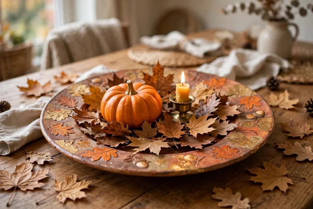 Large fall plate on a dining table holding a small pumpkin, a candle holder, and dried leaves.
