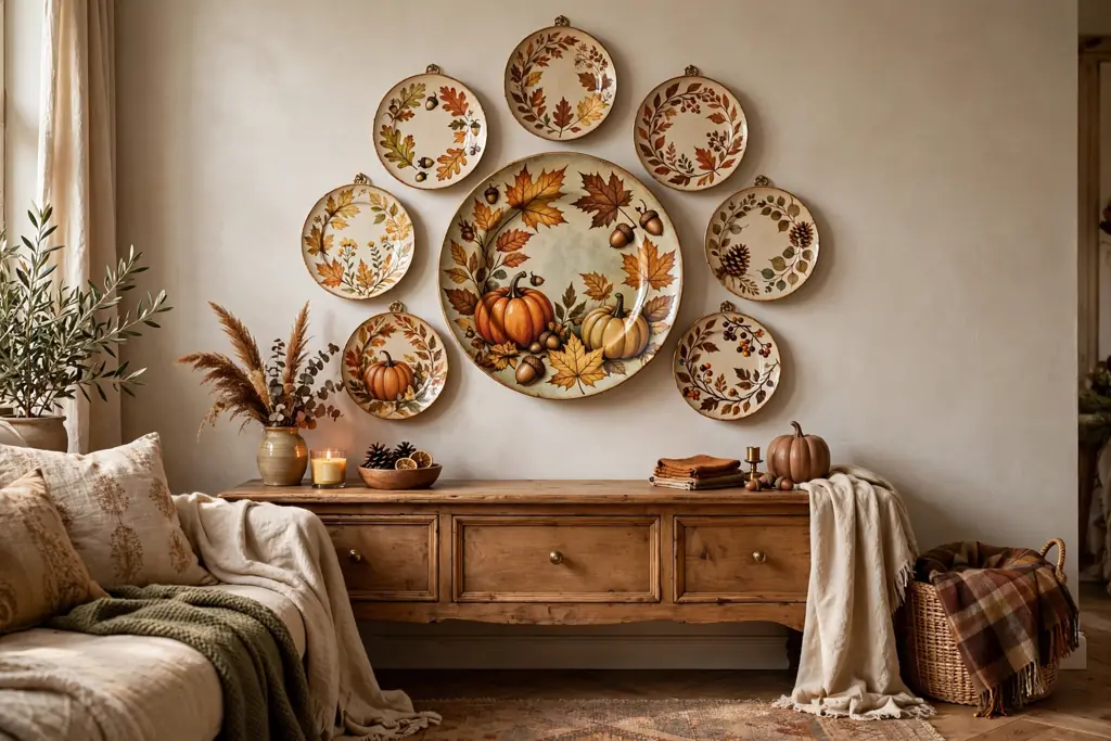 Group of fall patterned plates hung on a wall above a wood sideboard, largest plate in the center.
