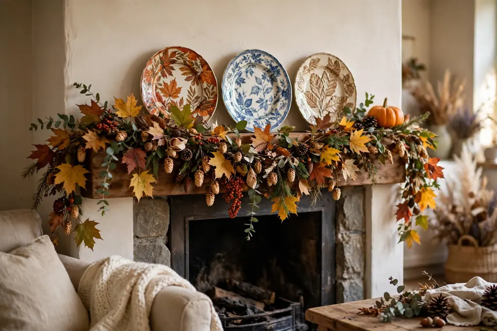 Fall plates leaning on a fireplace mantel behind a leaf garland, with a small pumpkin at one end.