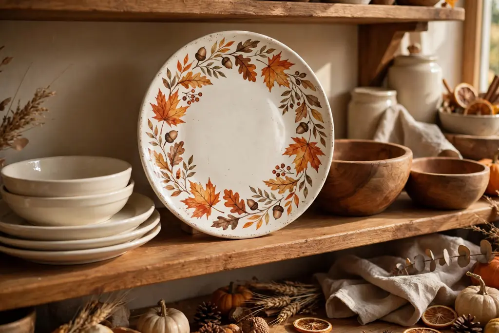 Fall plate standing upright on an open kitchen shelf beside cream dishes and wood bowls.