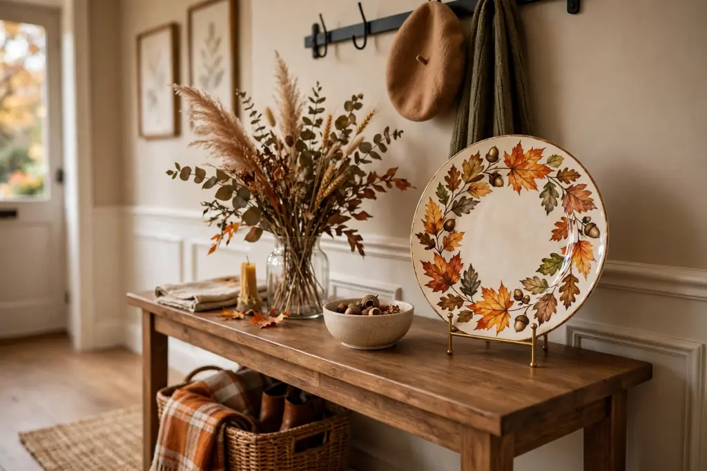 Fall plate on a stand at the end of an entryway console, beside a small bowl and a vase of dried stems.