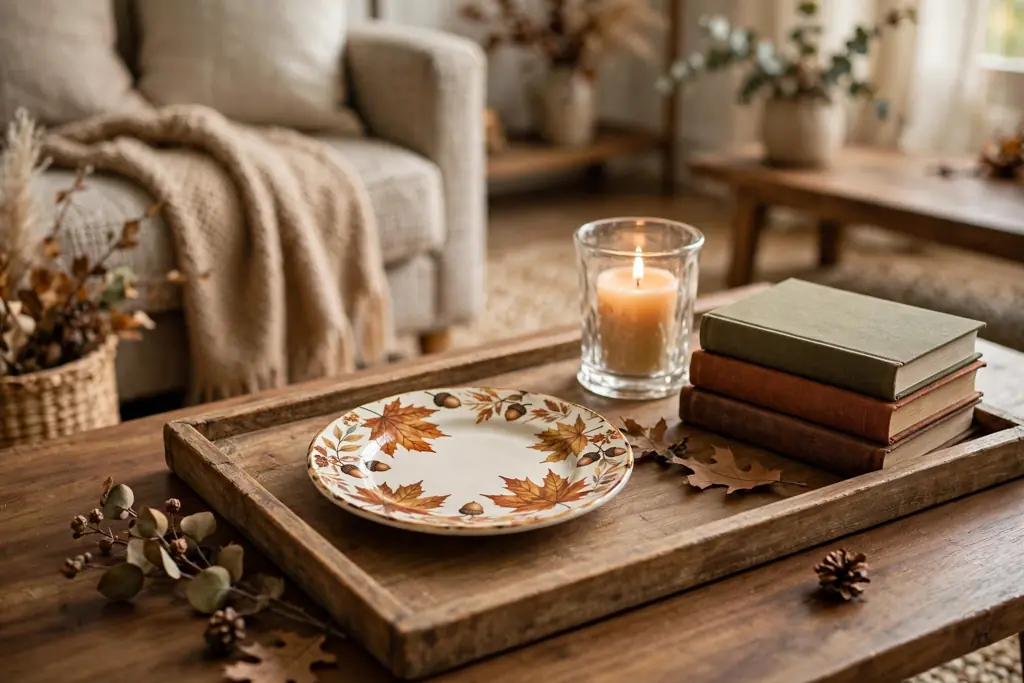 Small fall plate on a wood tray on a coffee table, under a candle holder beside a stack of books.