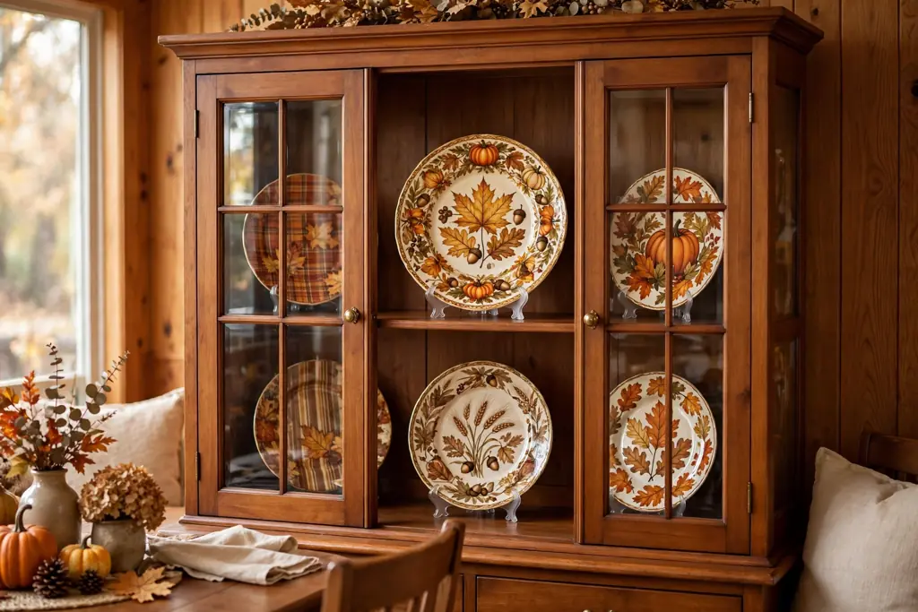 Fall plates displayed upright inside a glass front hutch, patterned plate facing forward.