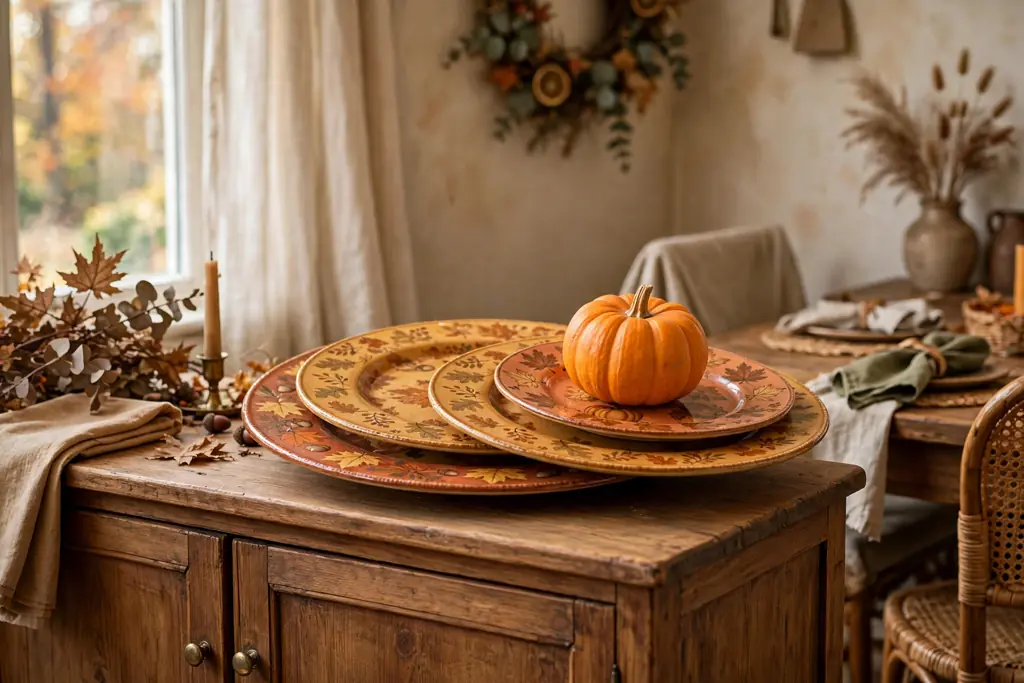 Stack of fall plates slightly offset on a sideboard, topped with a small pumpkin.