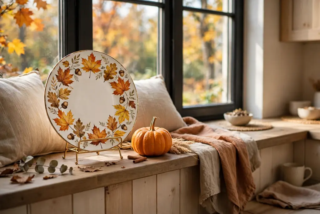Fall plate on a stand on a breakfast nook windowsill in daylight, beside a small pumpkin.