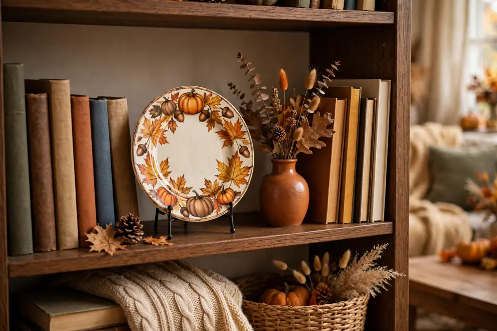 Fall plate on a small stand on a bookshelf between book groups, beside a small vase.