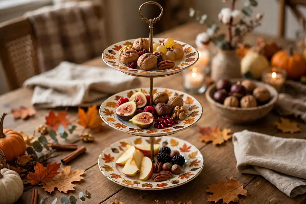 Tiered stand with small fall dessert plates holding nuts and fruit on a dining table.